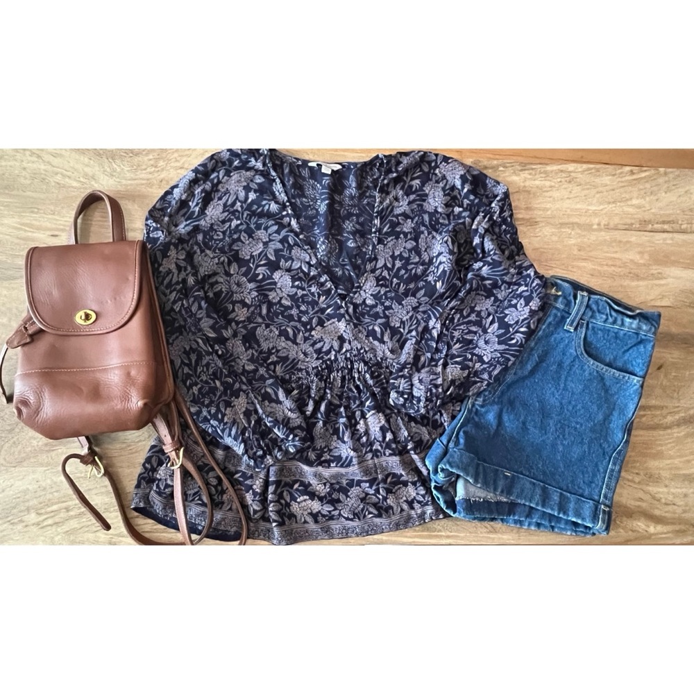 Lucky Brand Blue Ruched 3/4 Sleeve Blouse